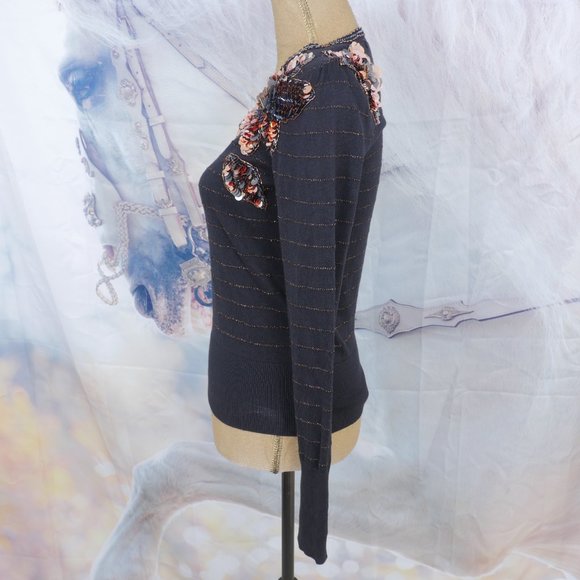 Marc By Marc Jacobs Black Bronze Stripe Sequin Floral Fitted Size XS Sweater - Picture 9 of 10